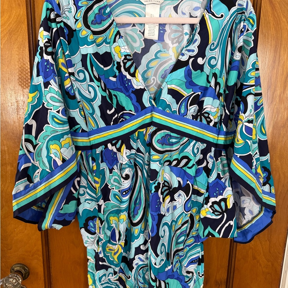 Trina Turk Teal and Gray Patterned Dress